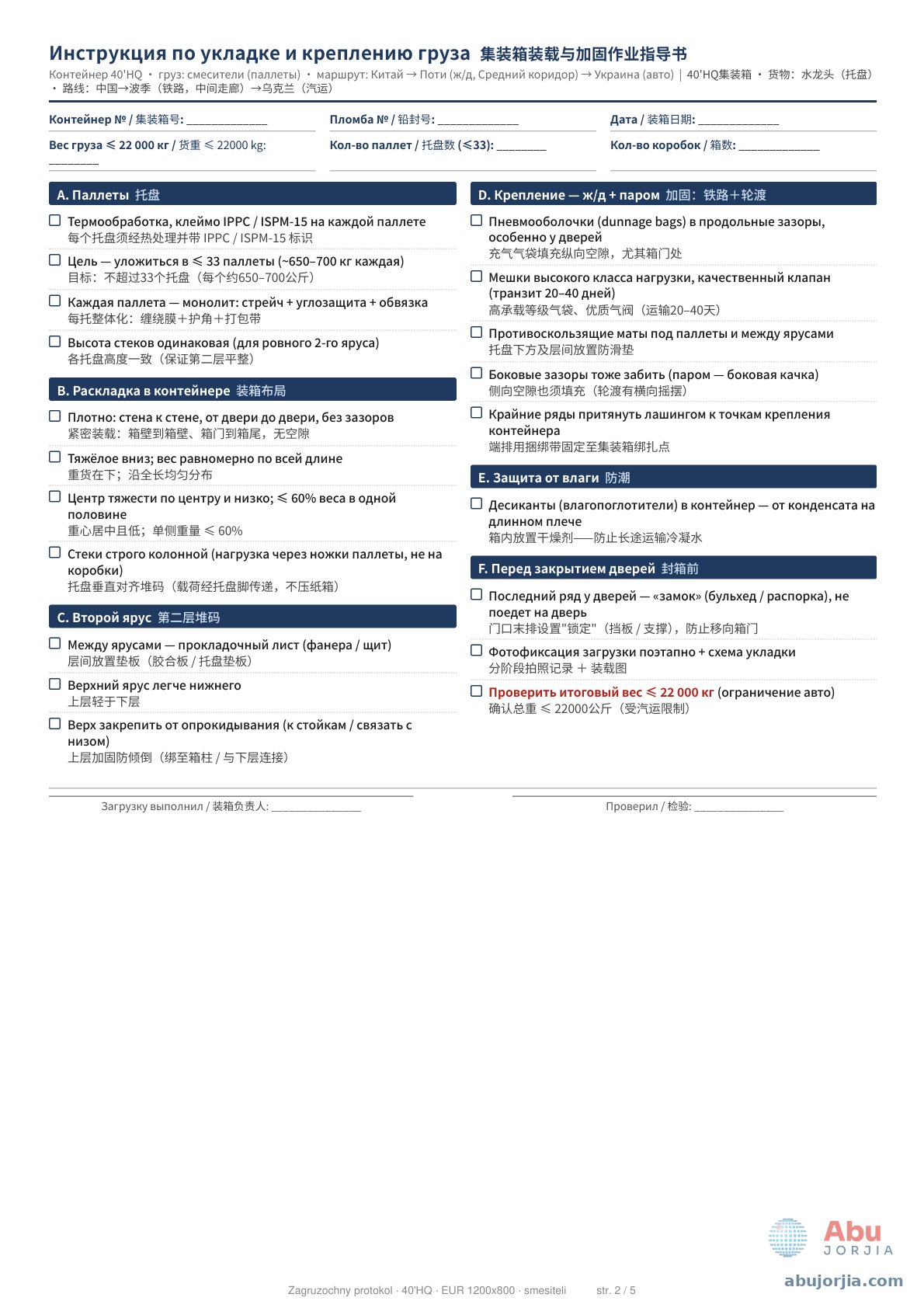 ABU JORJIA loading protocol (example) — checklist, scheme, warehouse instructions, report — 2/5